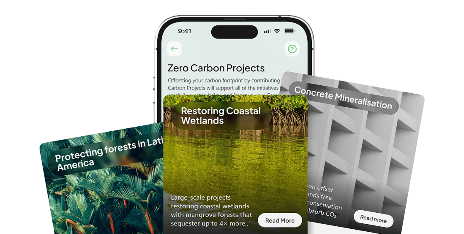 Screenshots of Zero Carbon Projects in the Zero app